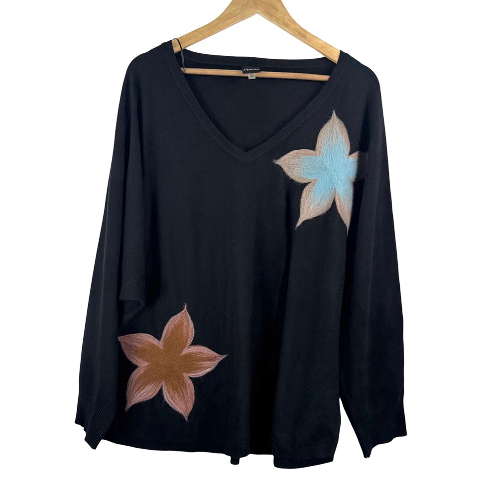 Aaeda Sweater 3X Black Floral Needle Felt boho Oversized Knit Pullover